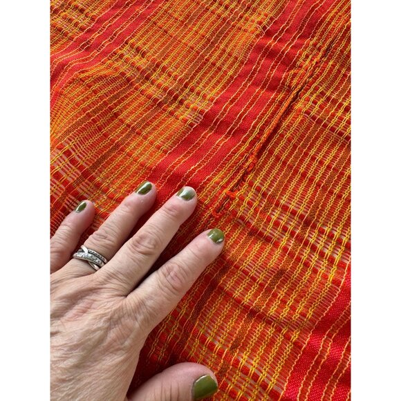 Vintage 70s curtains, red, orange, yellow sheer woven panels, tiebacks, pair - Picture 6 of 10